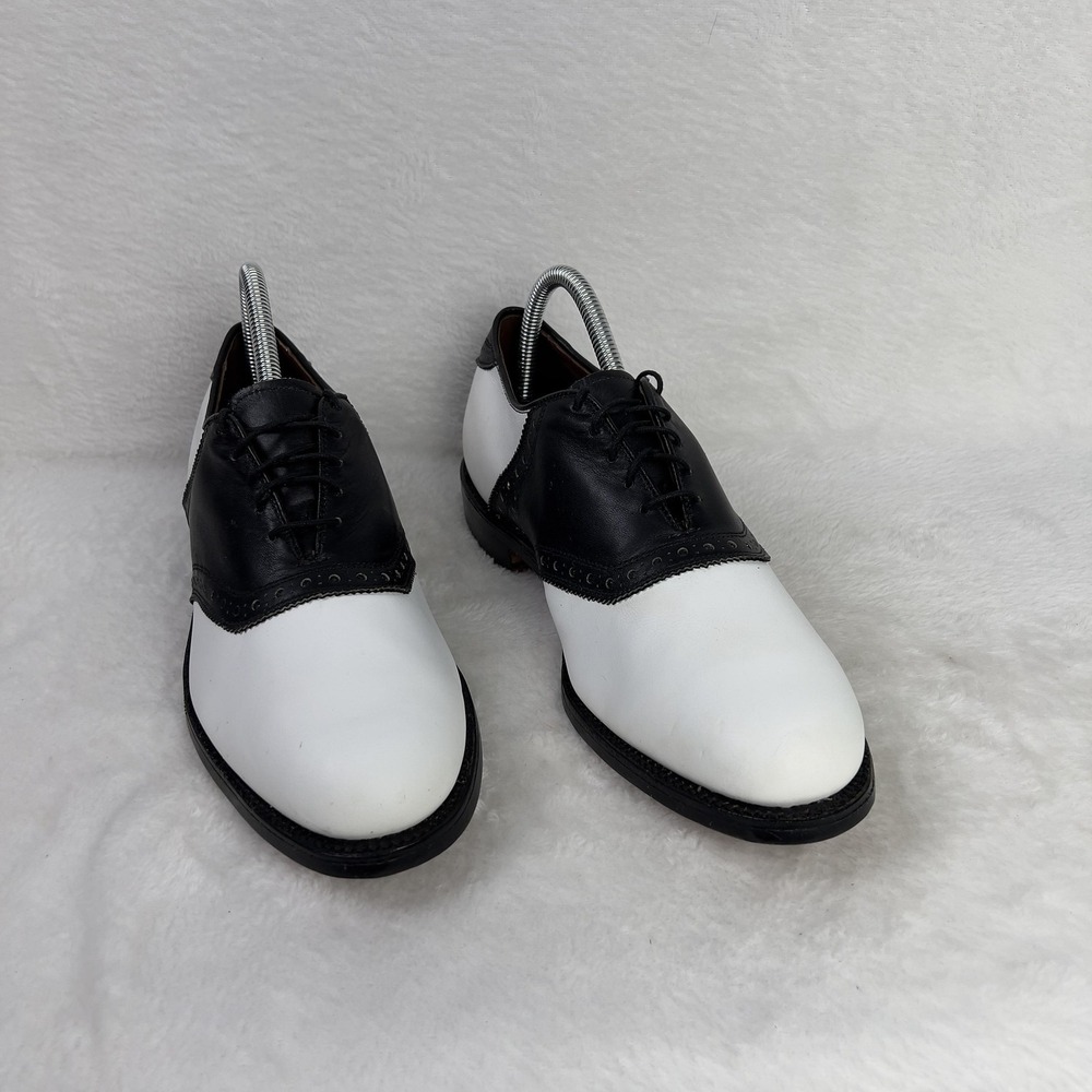 Allen Edmonds Aberdeen Golf Shoes Mens 8.5 B Black White Saddle Leather USA